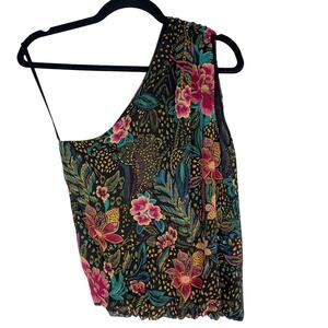 New Evereve XSmall XS Azalea One Shoulder Top Black Green Multi Floral Print
